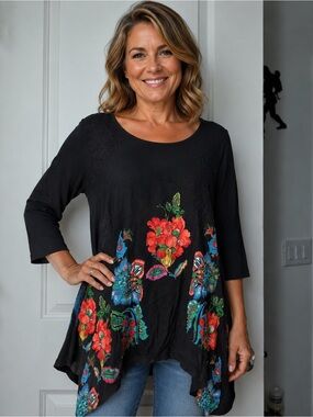 Desigual Tunic Top Womens Size L Multicolor Boho Floral Embroidered Logo Shirt